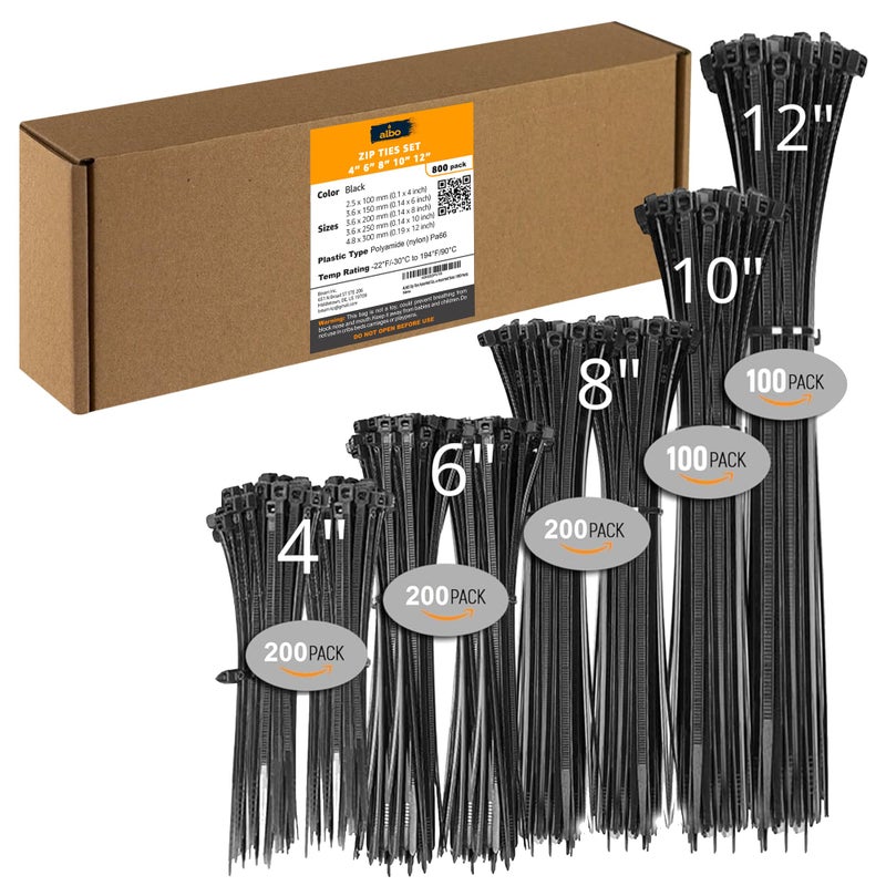 Albo Black Zip Ties Assorted Sizes 800 Pack 4+6+8+10+12 Inch Plastic Black Cable Ties Wire Tie Uv Resistant Nylon Tie Wraps Assorted Sizes - Image 1